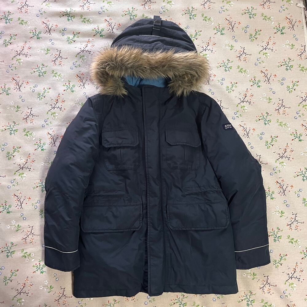 Aigle Navy Blue Kids Puffer Jacket with Fur Hood